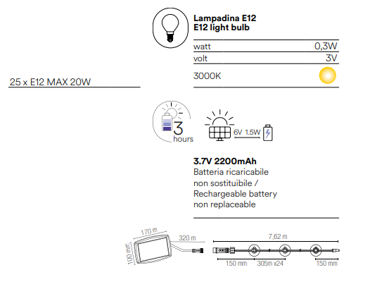 Stringa elettrificata per esterno IP44 con PANNELLO SOLARE cavo in PVC 7.62 metri lampade E12 incluse 3000°k PICNIC Stringa elettrificata per esterno IP44 con PANNELLO SOLARE cavo in PVC 7.62 metri lampade E12 incluse 3000°k PICNIC